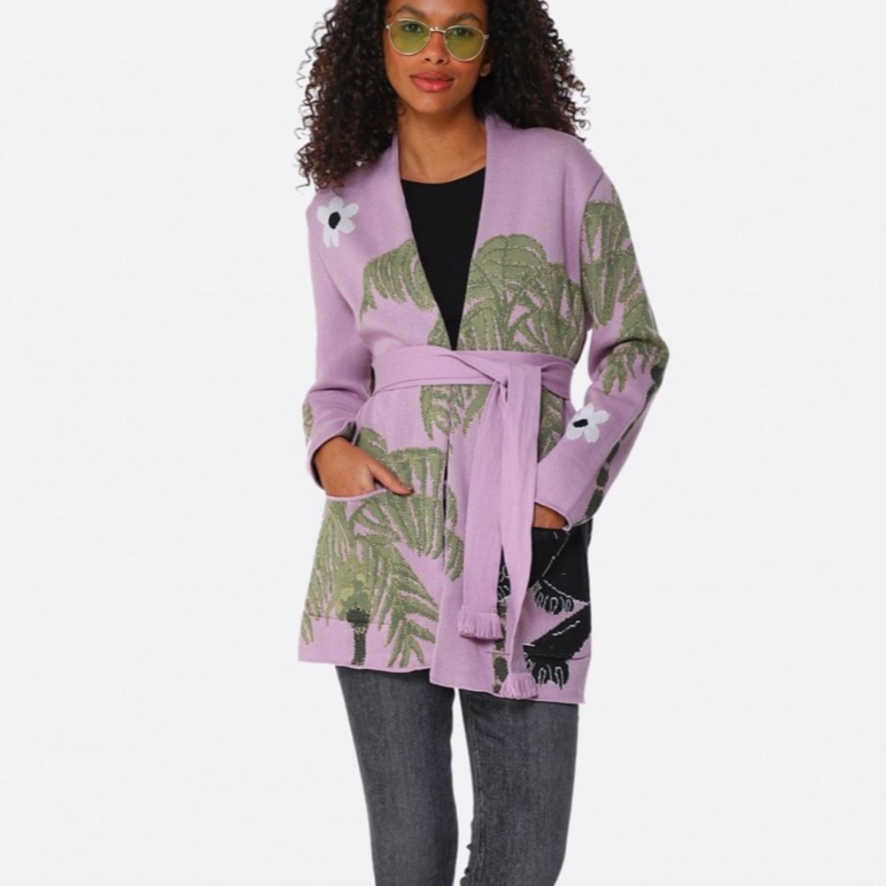 Hayley Menzies Lilac Cardigan with Green Leaf Design